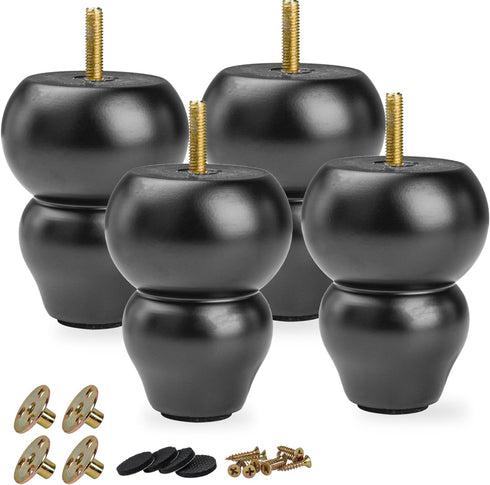 TCHOSUZ 4 inch / 10cm Wooden Furniture Legs, Pack of 4 Classic Black