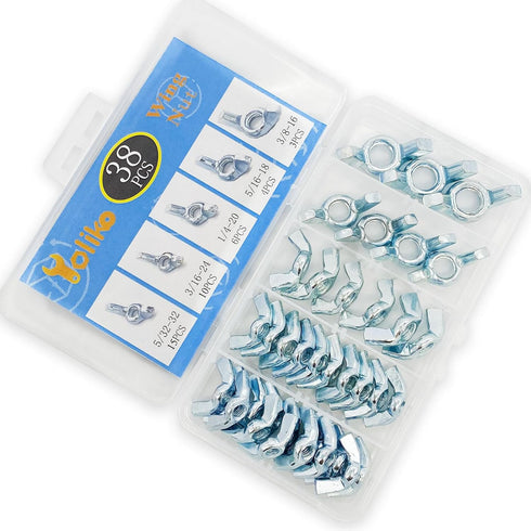 Yoliko 38 5 5/32",3/16",1/4",5/16",3/8" Pcs Sizes Wingnuts, Quality Carbon Steel Wing Nuts Zinc Plated Fasteners Parts