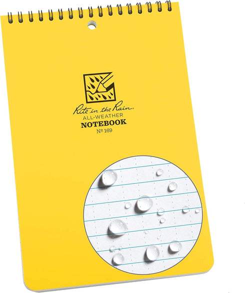 Rite in the Rain Top Spiral Notebook, Weatherproof, 6" x 9", Yellow Cover, Universal Pattern (No. 169)