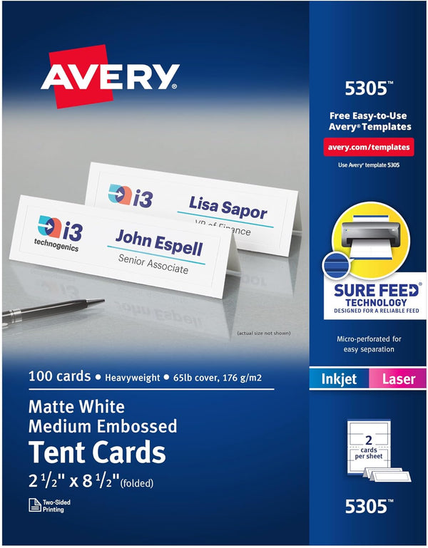 Avery Printable Tent Cards with Sure Feed Technology, 2-1/2" x 8-1/2", Matte White, 100 Blank Place Cards