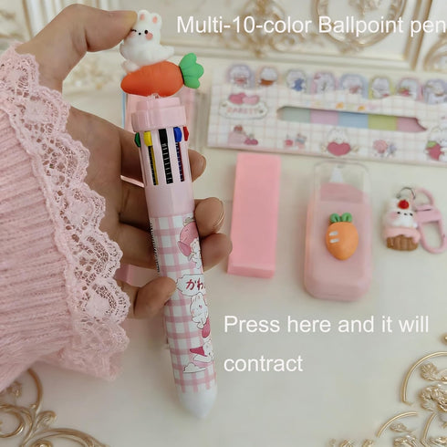 SHIDESHIN 9 Set Pcs Cute Pink Stationery Carrot Rabbit Kawaii Office Supplies Including Pens Pencil Eraser Ruler