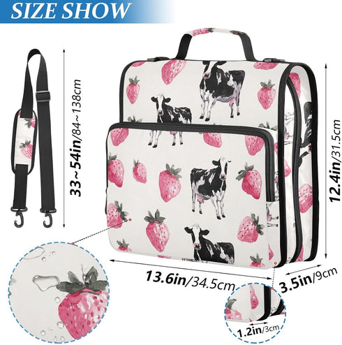 ALAZA 3 500 Ring Zipper Binder Milk Cow Pink Strawberry Binders Bag with Shoulder Strap Sheets Paper Organizer Trapper