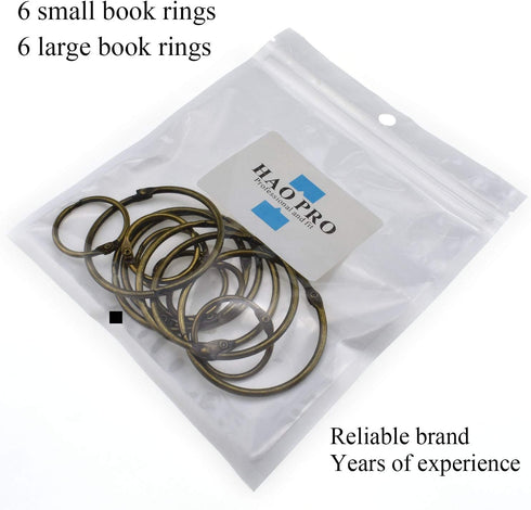 HAO PRO 12 Pack Extra Thick Loose Leaf Binder Rings, 2 Sizes, Bronze Metal Ring, 1" 2" Inside Width for Cards, Documents