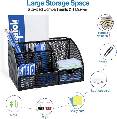 Mesh Desk Organizer, Desktop Office Supplies Multi-Functional Caddy Pen Holder Stationery with 6 Compartments and 1 Drawer for Office, Home, School, Classroom by Refand