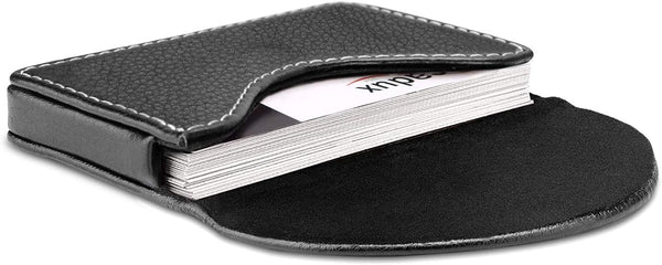 Leather Business Card Holder Wallet for Men or Women, Pocket Name Card Case with Magnetic Shut, Holds 25 Cards (Black)