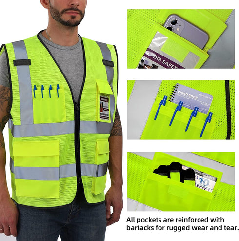 Reflective Mesh Vest, High Visibility with Pockets and Zipper, Construction Work ANSI Class 2 Yellow