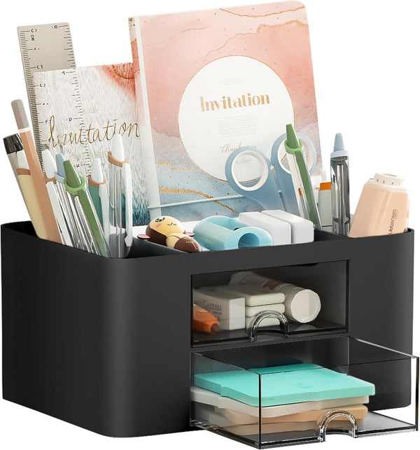 Marbrasse Pen Organizer with 2 Drawers, Multi-Functional Pencil Holder for Desk, 5 Compartments + Drawer (Black)