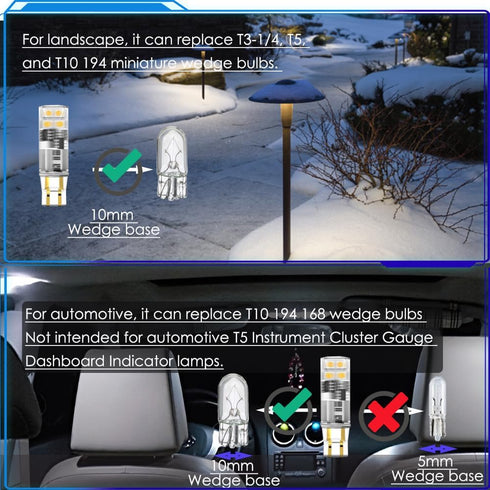 T5 Wedge Base LED Bulb 12V, T5 T10 Wedge Base LED Bulbs 12V Low Voltage Landscape, 1.5 Watt Replace 7W 11W Incandecent Bulb for Path Light 2700K Warm White 10-Count by Noobibaba