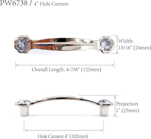 JETLAND 4-Pack, 4" PW6738GY102 Cabinet Drawer Crystal Pulls, Grey with Clear Glass, Hole Centers, Shining Daisy