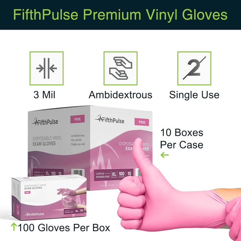 FifthPulse Vinyl Disposable Gloves, White and Pink, 100 Pack - Powder and Latex Free Medical Exam Gloves