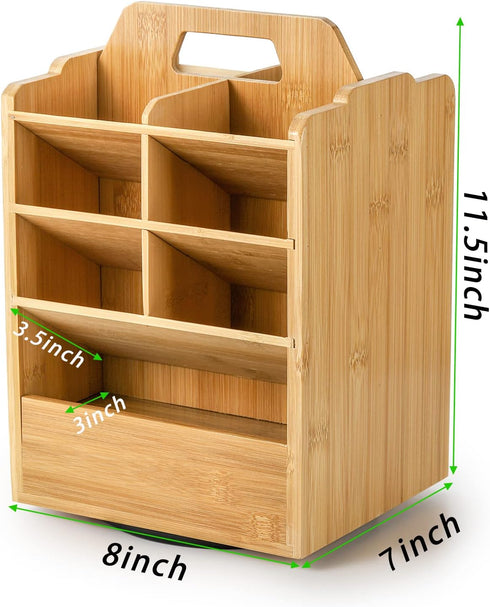 SOUJOY Bamboo Pen Holder Organizer, 360° Rotating Art Supply Storage Caddy for 400+ Pencils, 15 Compartments