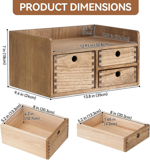 KIRIGEN Desk Organizer with 3 Drawers, Dark Brown Wooden Storage Box for Office Supplies and Toiletries