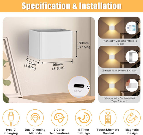 Yochoice Set 2, 6000mAh 3CCT, Motion Sensor Wall Light Indoor of Wireless Rechargeable Battery Operated LED Sconce Up