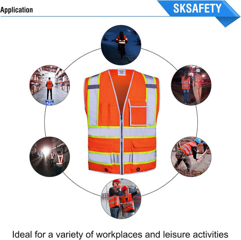 SKSAFETY Class 2 High Visibility Safety Vest with 10 Pockets, Zipper, Reflective Strips for Men & Women (Orange, M)