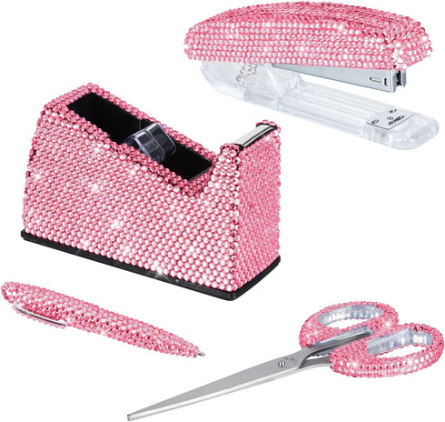Office Stationery Set - 4 Piece Desk Accessory Kit with Stapler, Tape Dispenser, Pens, Scissors (Pink)
