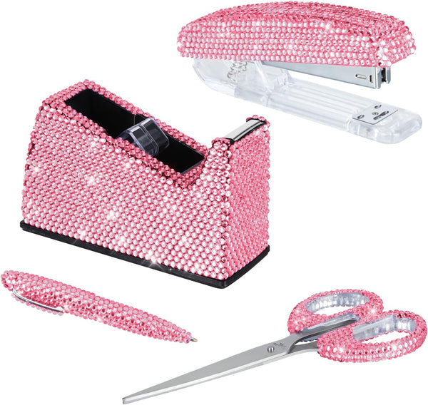 Office Stationery Set - 4 Piece Desk Accessory Kit with Stapler, Tape Dispenser, Pens, Scissors (Pink)