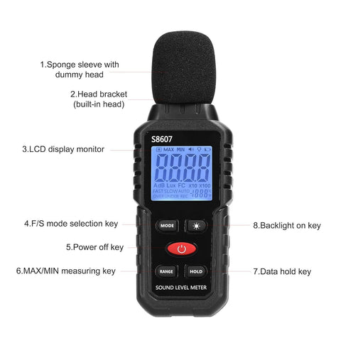S8607 Digital Sound Level Meter, Portable Decibel Meter with LCD Display Backlight, 30dB to 130dB