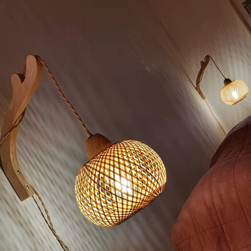 Frideko Bamboo Lantern Plug in Wall Sconces Wicker Wall Lamp with Plug in Cord Hand Woven Rattan Wall Light Farmhouse