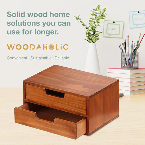 Double Drawer Desktop Storage Organizer, Modern Wood Design 2-Drawer Stackable Unit, Mahogany Wood