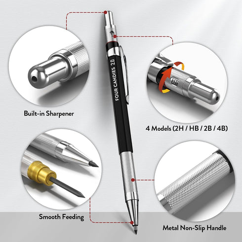 Four Candies 3PCS 2MM Mechanical Pencils with Case, Metal Lead Holder with 120 Graphite Lead Refills, 4 Erasers,