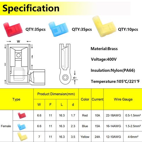 smseace 80Pcs Right Angle Spade Connector, Nylon Quick Disconnect Flag Terminal, 90 Degree Wire Terminal Connector