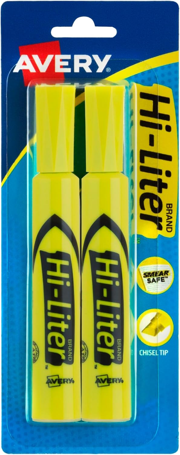 AVERY Hi-Liter Desk-Style Highlighters, 2 Yellow Highlighters, Smear Safe Ink, Chisel Tip (24081)