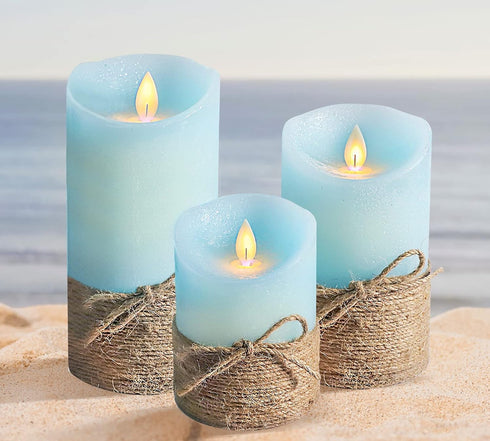 Set 3 Ocean Blue Flameless Candles, Nautical Themed Led Pillar Candles with Remote & Timer, Decorative Flickering