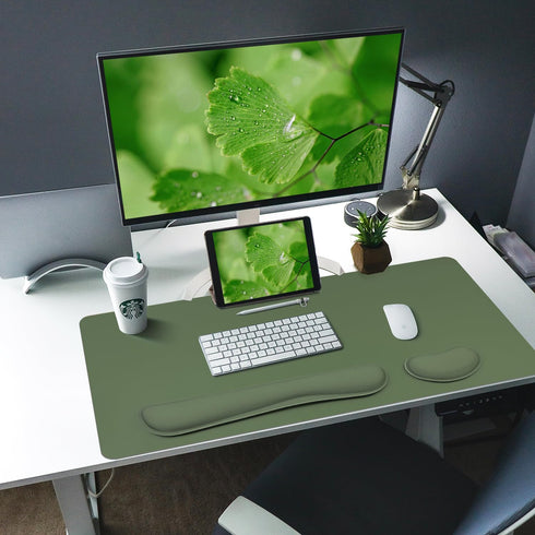 Home(31.515.7 Inches,Olive Bloss Keyboard Wrist Rest + Mouse Wrist Rest + Leather Desk Mat, Non-Slip Desk Mat Protector