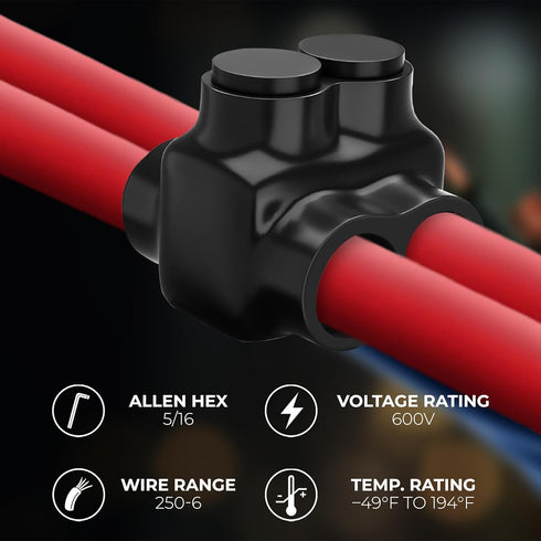 OhLectric 2 Port Multi Cable Connectors, 250 MCM-#6-2 Black Insulated Vinyl Coated Electrical Power Connector
