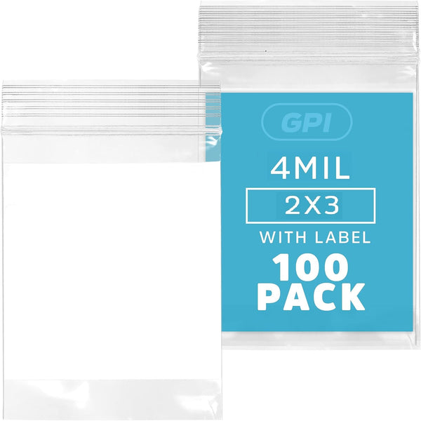 GPI - 2" x 3" - Bulk Pack of 100, 4 Mil Thick Clear Plastic Reclosable Zip Bags with Write-on White Block