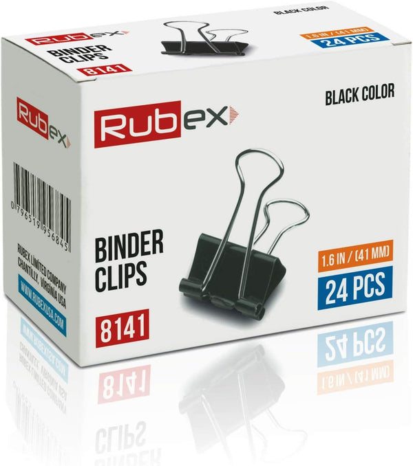 Rubex Large Black Binder Clips, Jumbo 1.6 Inch Paper Binder Clips, 24 Count Big Metal Paper Clamps for Office