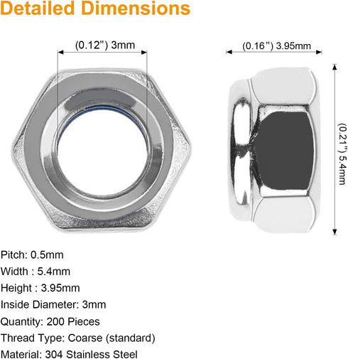 200 Pieces M3 x 0.5mm 304 Stainless Steel Self-Lock Nylon Inserted Hex Lock Nuts