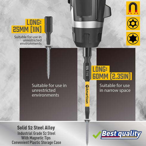 Amartisan Torx Bit Set, 24-Piece S2 Steel, Security Tamper Resistant Fastener Drive Bit, 1" & 2.3" Long T5 - T40