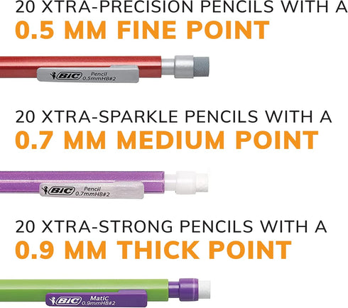 BIC Variety Pack, Assorted Sizes, 0.5mm, 0.7mm, 0.9mm, Refillable Design, Pack of 3, 180 Count