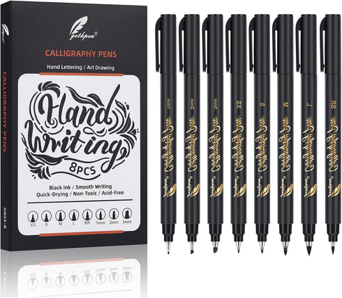 Calligraphy Pens Set, 8 Size Hand Lettering Brush Pens for Beginners, Black Ink Drawing Pens for Calligraphy