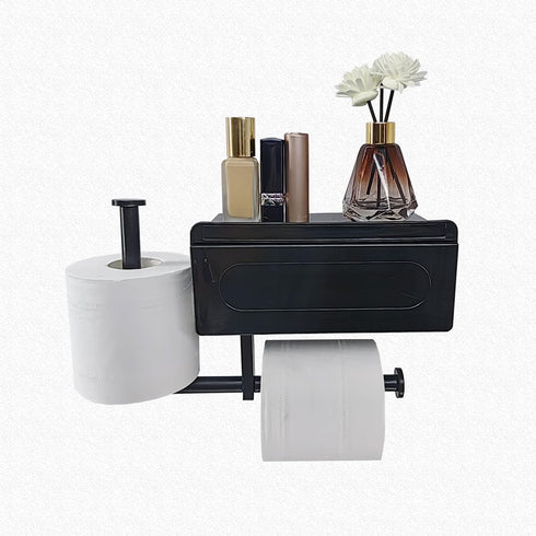 Generic Toilet Paper Holder with Built-in Storage Drawer | Glossy Black/White Plastic Bathroom Organizer | Dual-Mount