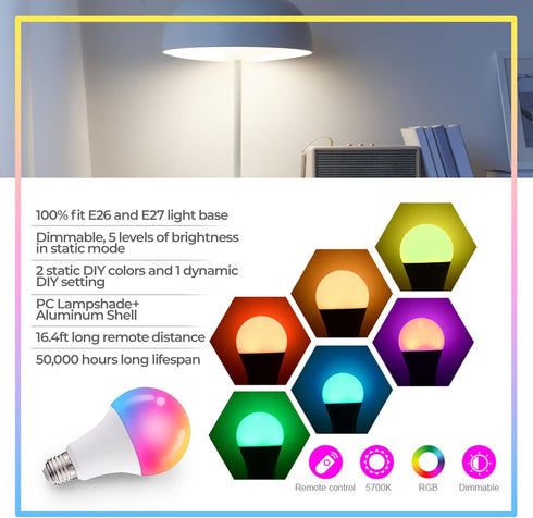 Dimmable E26 Warm LED Light Bulb, 6W RGBW Color 500LM, 16 Color Changing Modes, Remote Control, 2 Pack