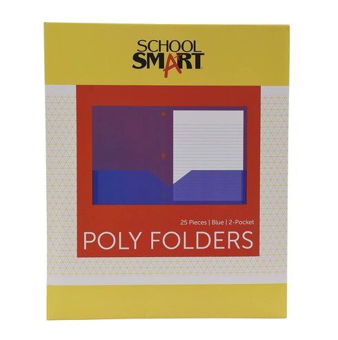 School Smart 2-Pocket Poly Folders with 3-Hole Punch, Blue, Pack of 25