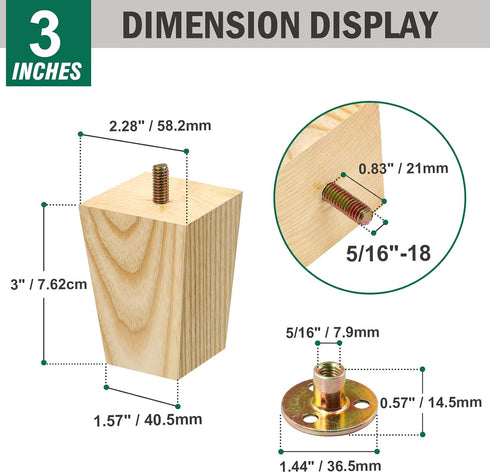 FoDau770 5/16"-18 3 Inch, Set 4, Bolts Square Furniture Legs Ash Wood Legs for Furniture of Mid Century Modern Feet