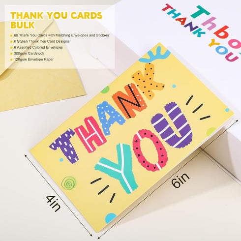 60 Pack 4x6 Inch Thboxes Thank You Cards with Envelopes, Thank You Cards Bulk with Envelopes & Stickers Greeting Card