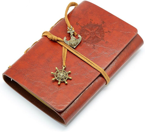 EvZ Leather Writing Journal Notebook, 5 Inches Vintage Nautical Spiral Blank Diary Notepad, Red Brown.