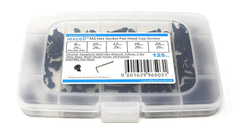 iexcell 125 Pcs M3 Alloy Steel Hex Socket Flat Head Cap Screws Bolts Assortment Kit, Black Oxide Finish