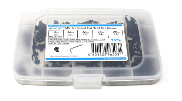iexcell 125 Pcs M3 Alloy Steel Hex Socket Flat Head Cap Screws Bolts Assortment Kit, Black Oxide Finish