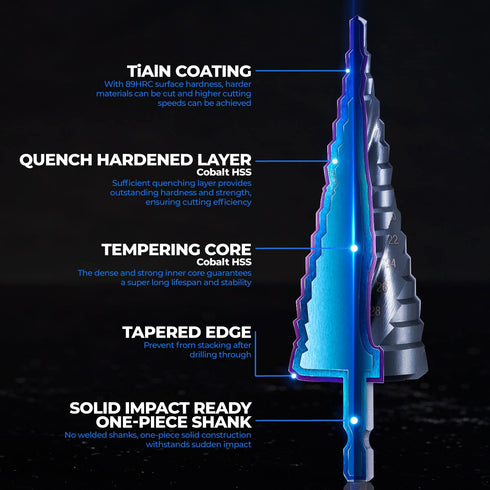 Toolant Four Spiral Flute Cobalt Step Drill Bit, 3/16" - 7/8" Impact Ready Unibit Step Bit for Metal