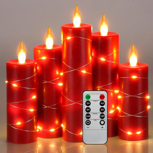 Da by Red Flameless Candles with String Lights, Battery Operated Candles with