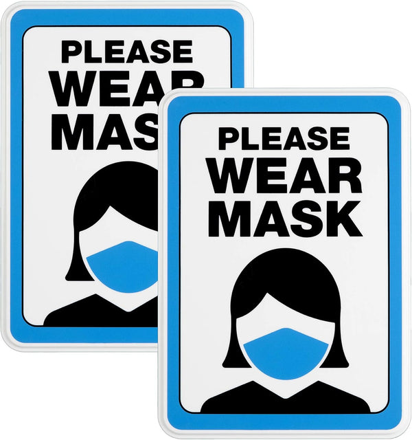 Excello Global Products 5"x7" Please Wear Mask Sign: Plastic Sign for Businesses with Adhesive Strips (Pack of 2)