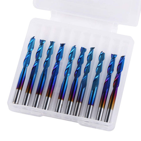 SainSmart Genmitsu 10Pcs Nano Blue Coat Flat Nose End Mill CNC Router Bits, 1/8" Shank Spiral Upcut 2 Flute Set