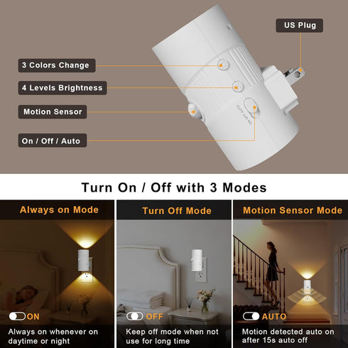 3 Dimmable 2 Pack) easuntec Motion Sensor Light Indoor, Night Lights Plug into Wall, Motion Sensor & Dusk to Dawn