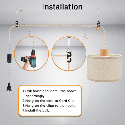Zevnico 15ft Bulb E26 E27 Wood Pendant Light Cord Kit with Shade Ring and ON Off Switch, Hanging Lamp Kit Plug in Cord