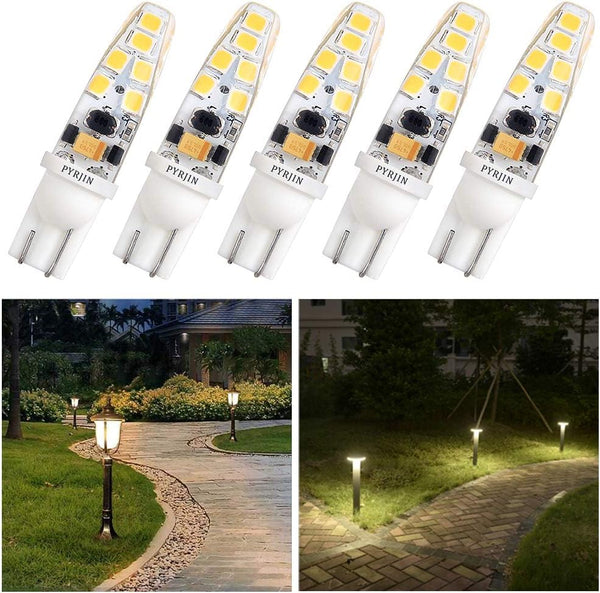 PYJR T10 Wedge Base LED Bulbs 12V Low Voltage 2W 200Lm Warm White for Landscape Pathway Lighting (Pack of 5)